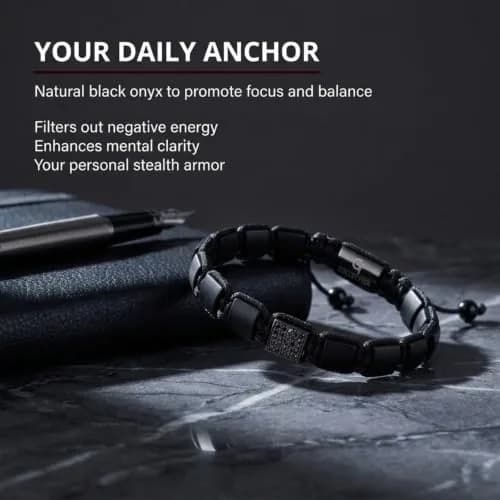 GT collection Men's Flat Bead Natural Gemstone Bracelet, Black Matte Onyx | Adjustable Energy & Grounding Accessory thumbnail 8
