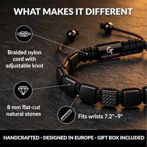 GT collection Men's Flat Bead Natural Gemstone Bracelet, Black Matte Onyx | Adjustable Energy & Grounding Accessory thumbnail 3