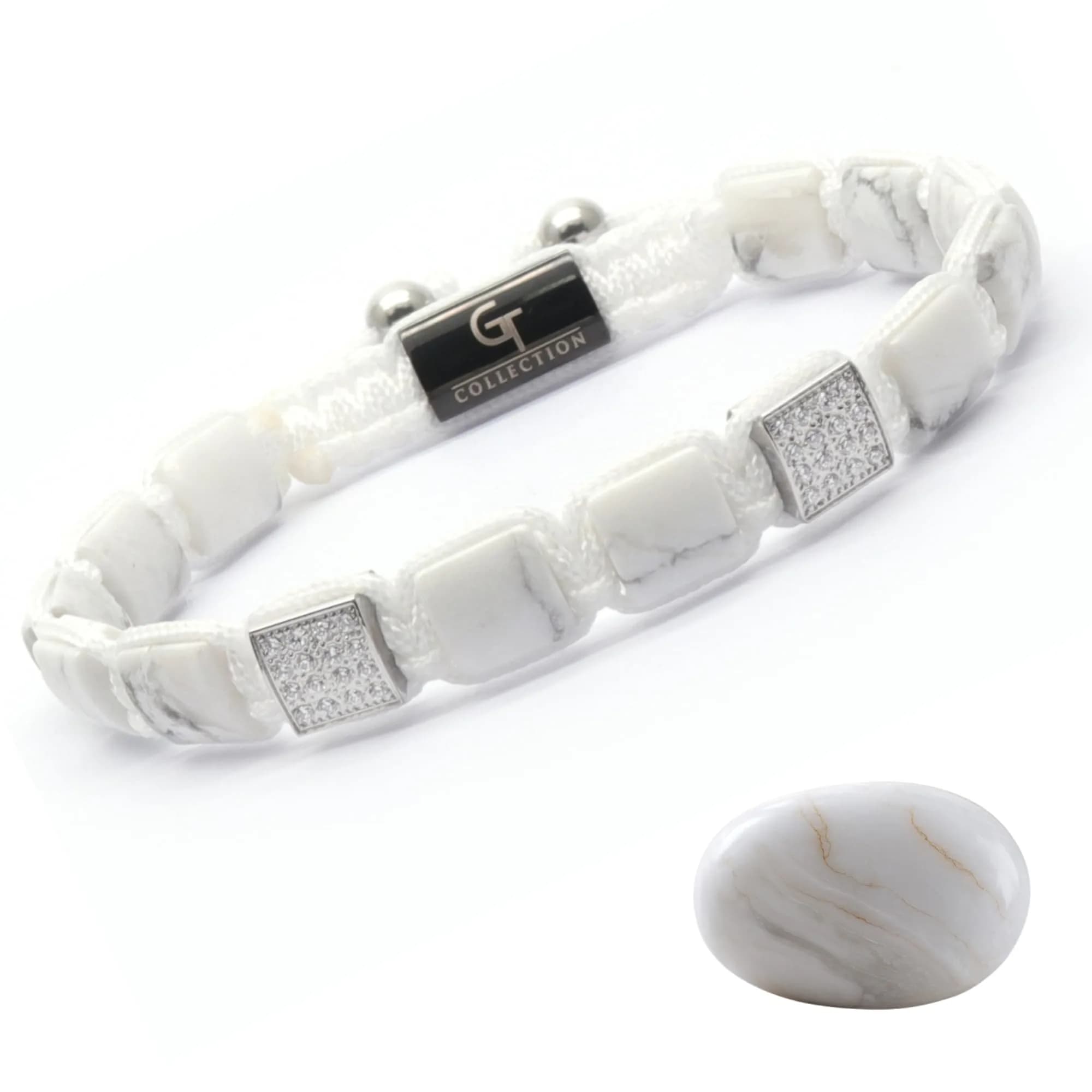 GT collection Men's Flat Bead Natural Gemstone Bracelet, White Howlite | Adjustable Energy & Calmness — White Howlite Stone