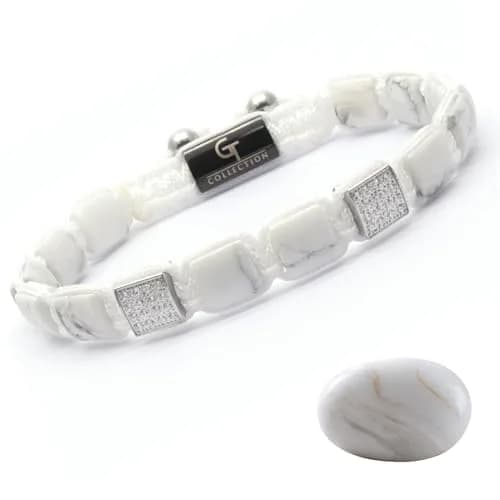 GT collection Men's Flat Bead Natural Gemstone Bracelet, White Howlite | Adjustable Energy & Calmness thumbnail 1