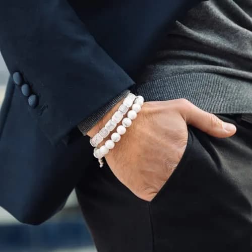 GT collection Men's Flat Bead Natural Gemstone Bracelet, White Howlite | Adjustable Energy & Calmness thumbnail 4