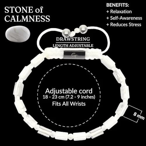 GT collection Men's Flat Bead Natural Gemstone Bracelet, White Howlite | Adjustable Energy & Calmness thumbnail 5