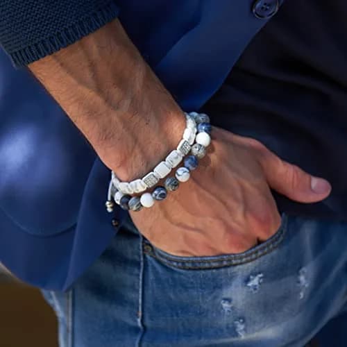 GT collection Men's Flat Bead Natural Gemstone Bracelet, White Howlite | Adjustable Energy & Calmness thumbnail 7