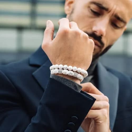 GT collection Men's Flat Bead Natural Gemstone Bracelet, White Howlite | Adjustable Energy & Calmness thumbnail 2