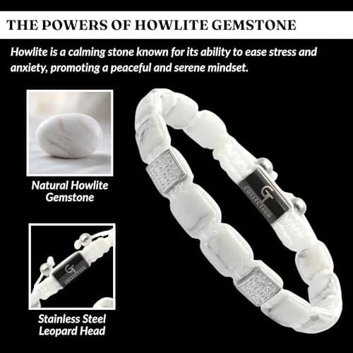 GT collection Men's Flat Bead Natural Gemstone Bracelet, White Howlite | Adjustable Energy & Calmness thumbnail 3