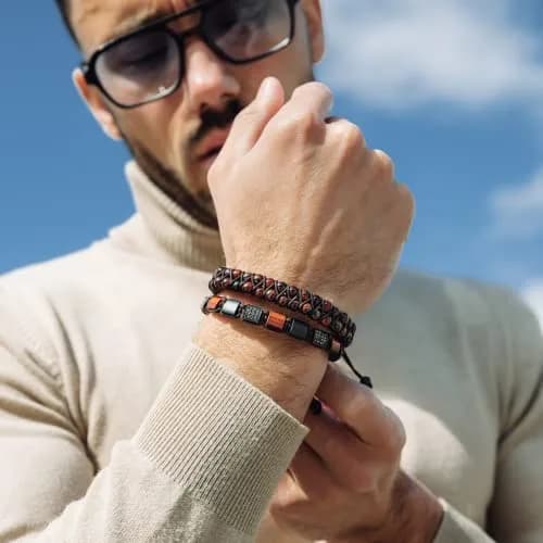 GT collection Men's Flat Bead Natural Gemstone Bracelet, Red Tiger Eye | Handmade, Adjustable, Energy & Style thumbnail 2