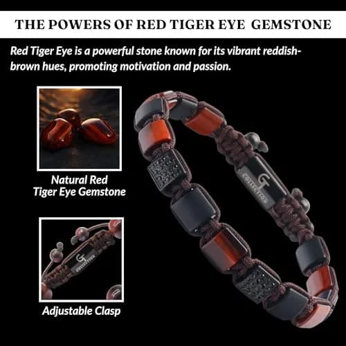GT collection Men's Flat Bead Natural Gemstone Bracelet, Red Tiger Eye | Handmade, Adjustable, Energy & Style thumbnail 3