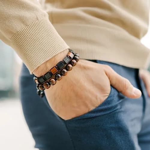 GT collection Men's Flat Bead Natural Gemstone Bracelet, Red Tiger Eye | Handmade, Adjustable, Energy & Style thumbnail 4