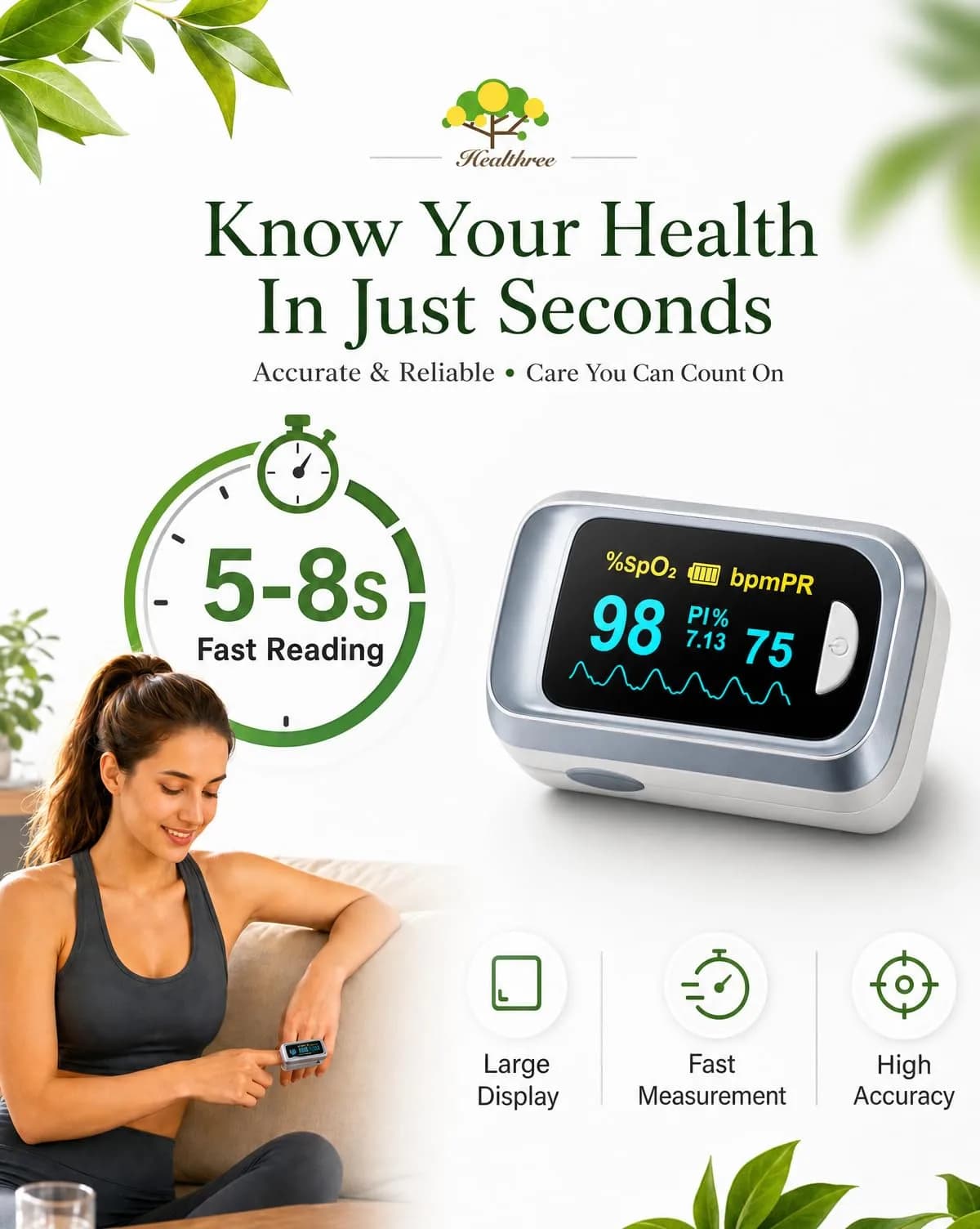 HealthTree Fingertip Pulse Oximeter & Heart Rate Monitor | 70%-100% SpO2, +/-2% Accuracy - view 3