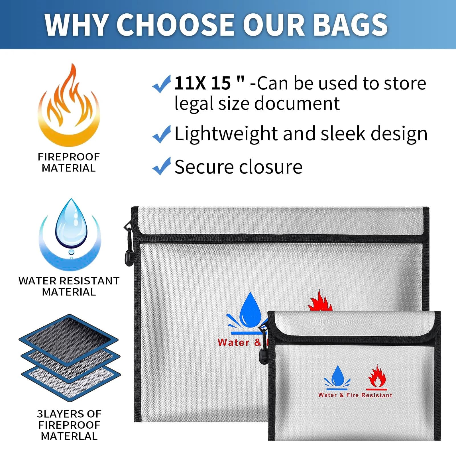 ABSOK Fire-Resistant Document Pouches Set 38cm x 28cm (15"x11") & 18cm x 8cm (9"x7") | Protect Valuables Up to 2000°F - view 7