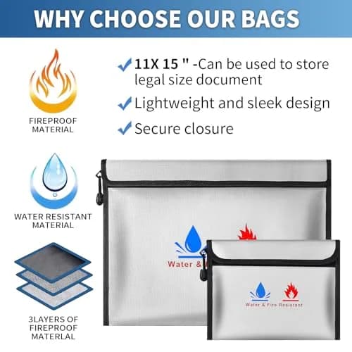 ABSOK Fire-Resistant Document Pouches Set 38cm x 28cm (15"x11") & 18cm x 8cm (9"x7") | Protect Valuables Up to 2000°F thumbnail 7