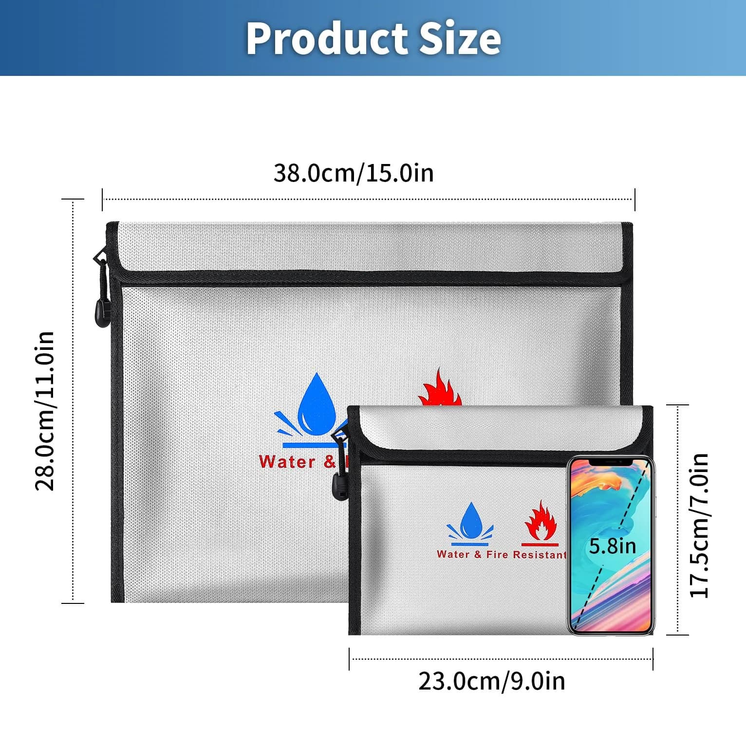ABSOK Fire-Resistant Document Pouches Set 38cm x 28cm (15"x11") & 18cm x 8cm (9"x7") | Protect Valuables Up to 2000°F - view 2