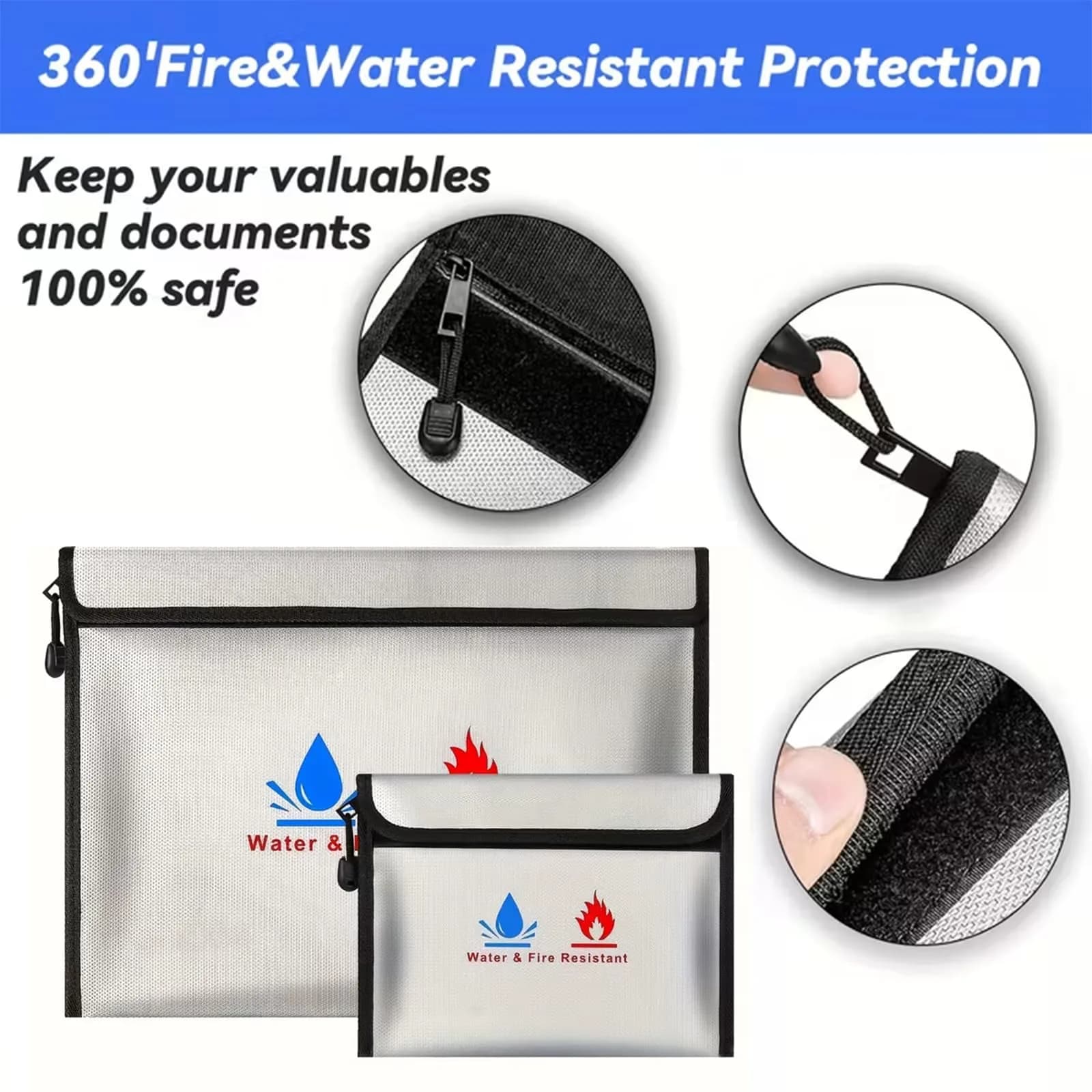 ABSOK Fire-Resistant Document Pouches Set 38cm x 28cm (15"x11") & 18cm x 8cm (9"x7") | Protect Valuables Up to 2000°F - view 3