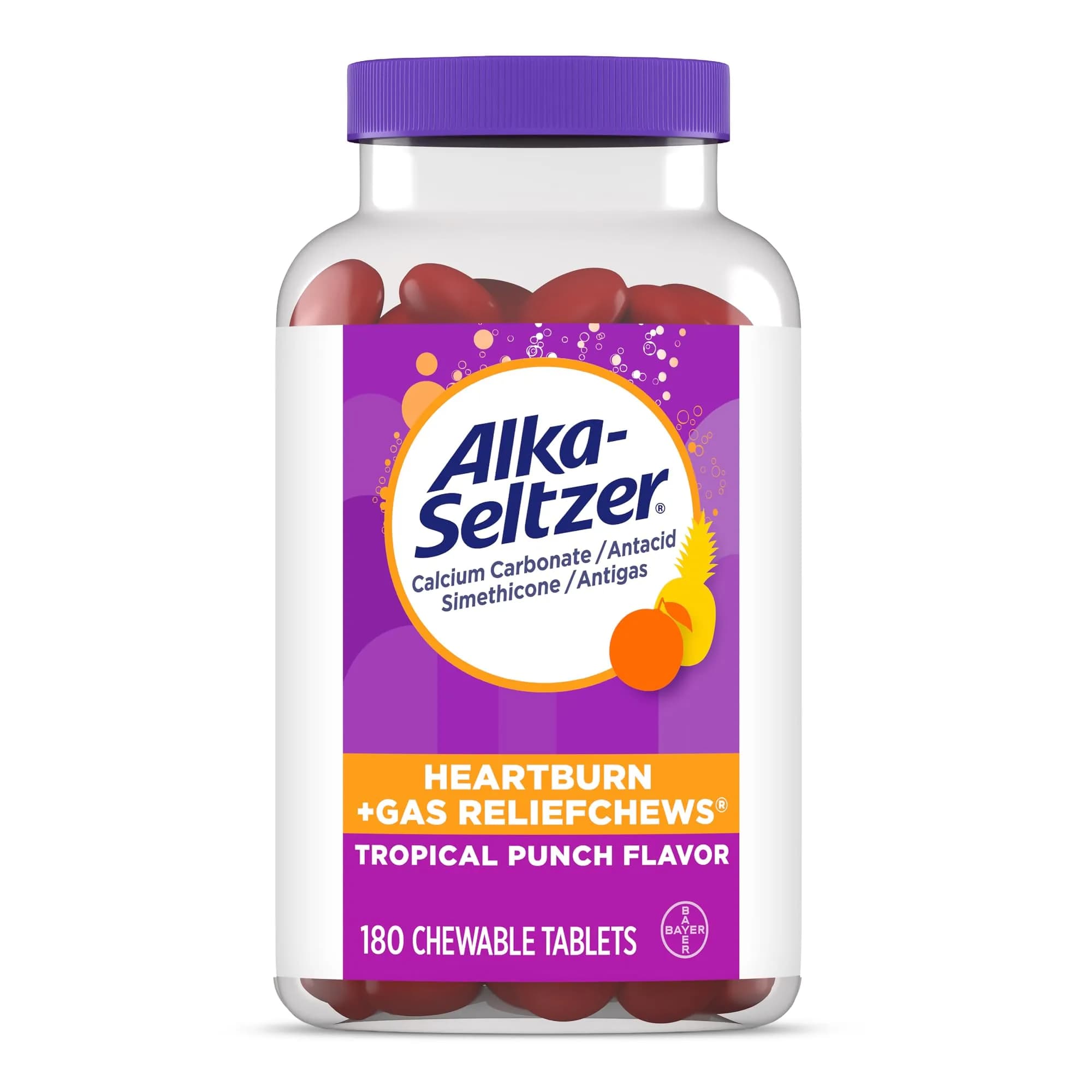 Alka-Seltzer Heartburn + Gas ReliefChews Tropical Punch 180 Count (6.35 oz / 180 g) | Fast Relief for Heartburn, Gas, and Bloating — Red