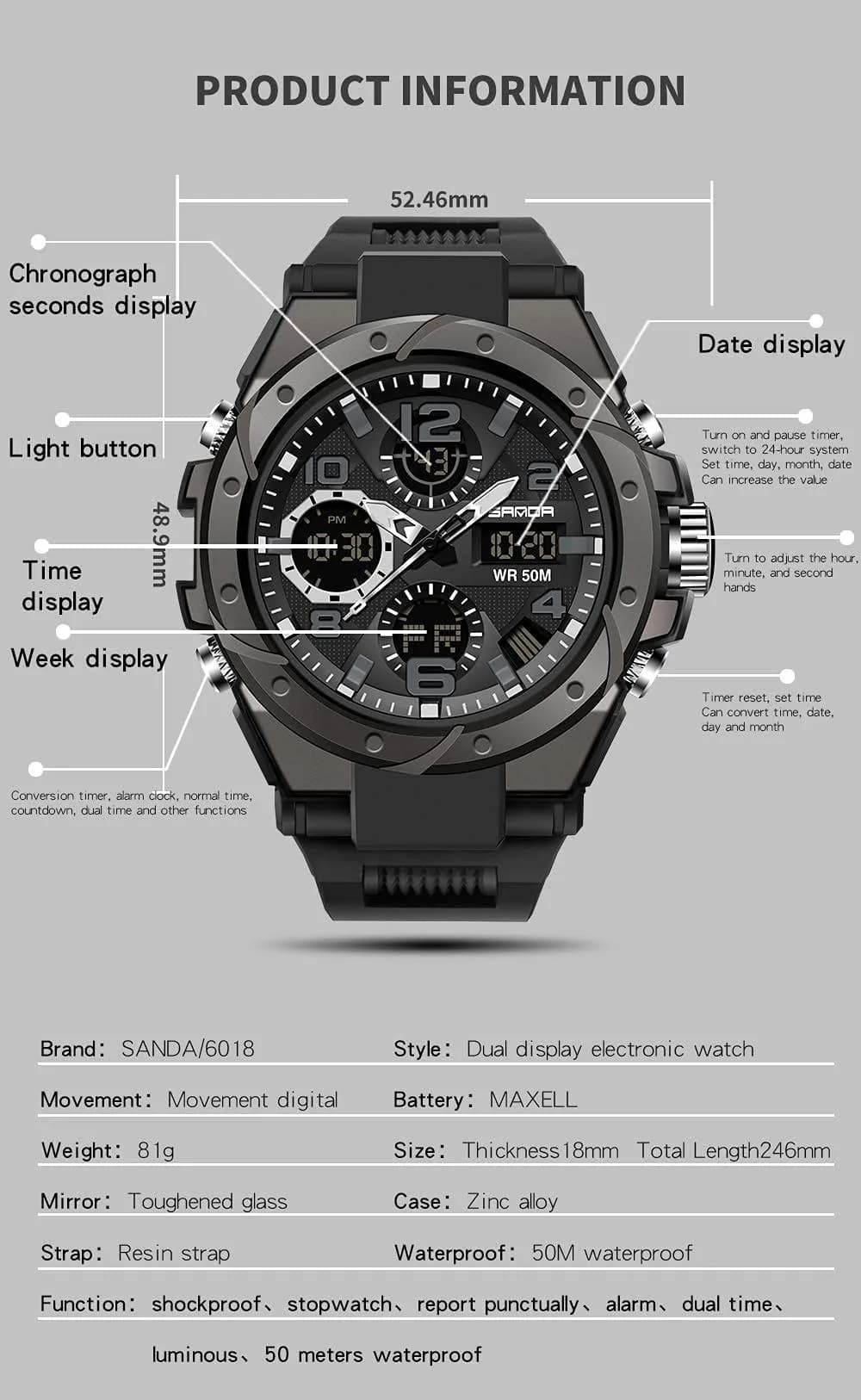 AIMES Men's Military Tactical Watch 53mm (2.1 inch) | Dual Time Zone Analog-Digital Display - view 5