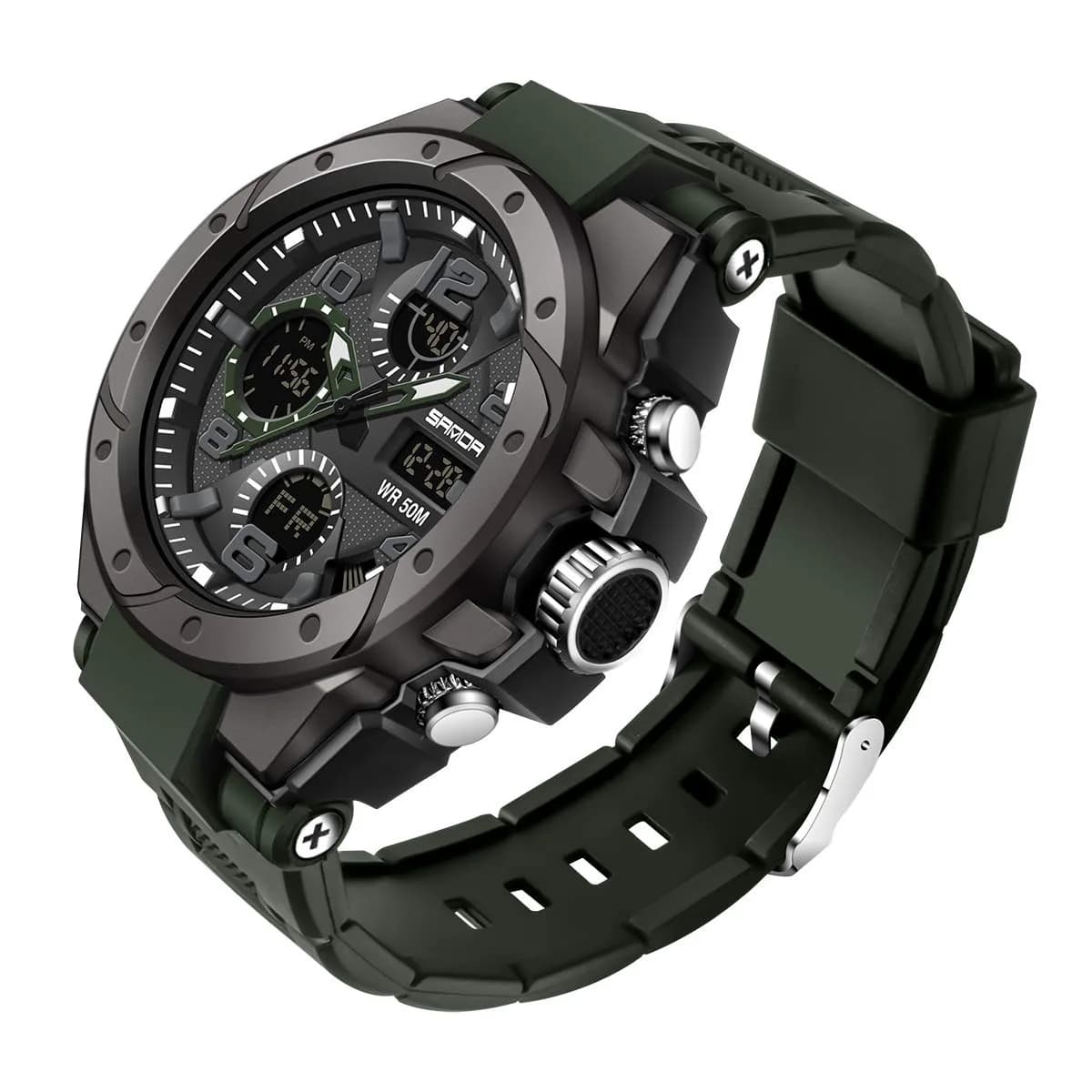 AIMES Men's B-Green Sport Watch 53mm Dual Time Military LED Alarm Stopwatch - main product image