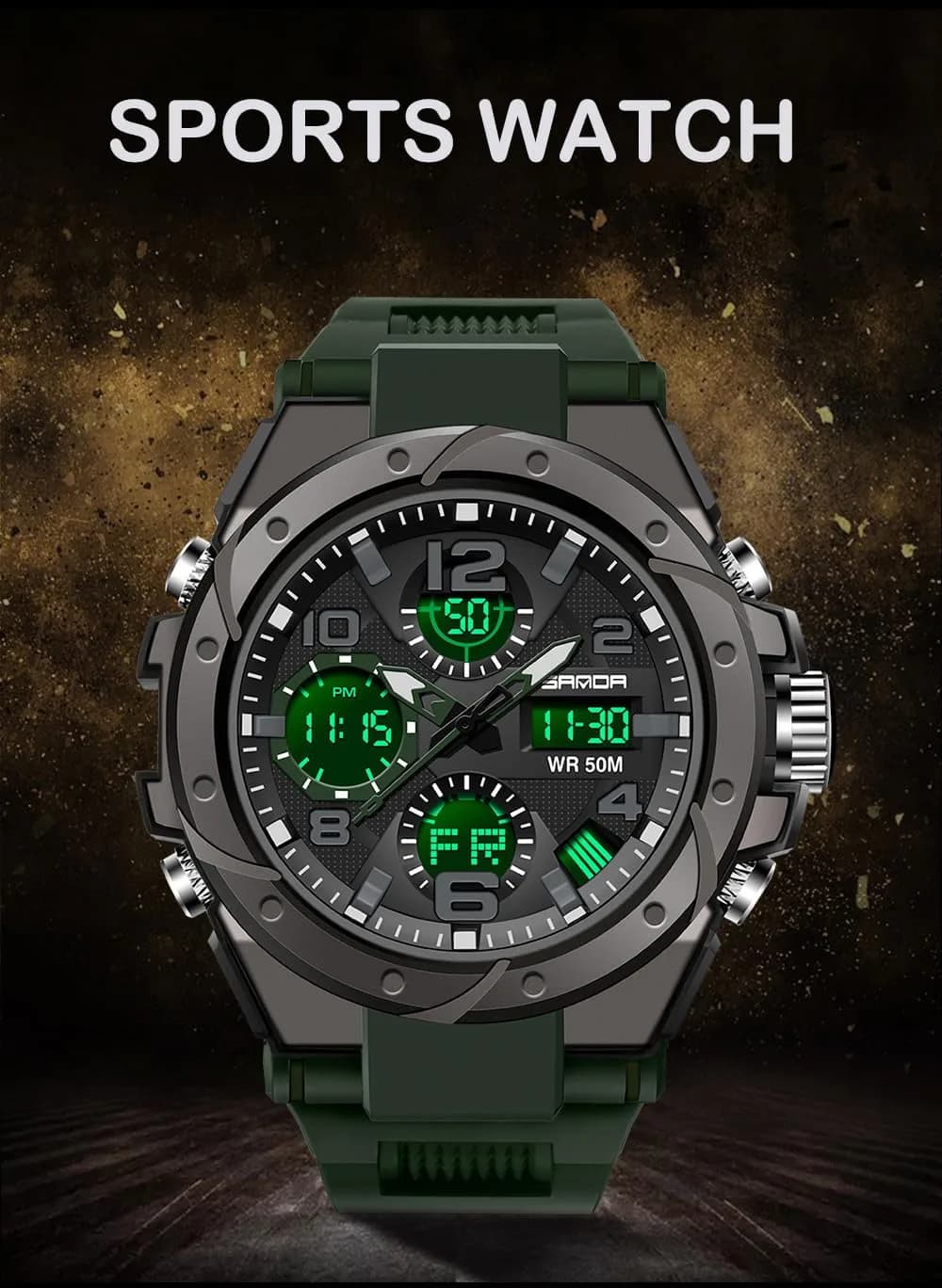 AIMES Men's B-Green Sport Watch 53mm Dual Time Military LED Alarm Stopwatch - view 2