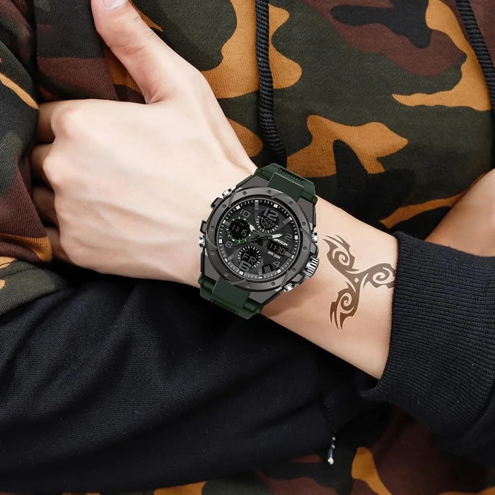 AIMES Men's B-Green Sport Watch 53mm Dual Time Military LED Alarm Stopwatch - view 3