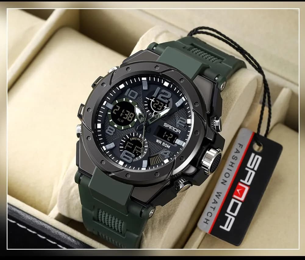 AIMES Men's B-Green Sport Watch 53mm Dual Time Military LED Alarm Stopwatch - view 4