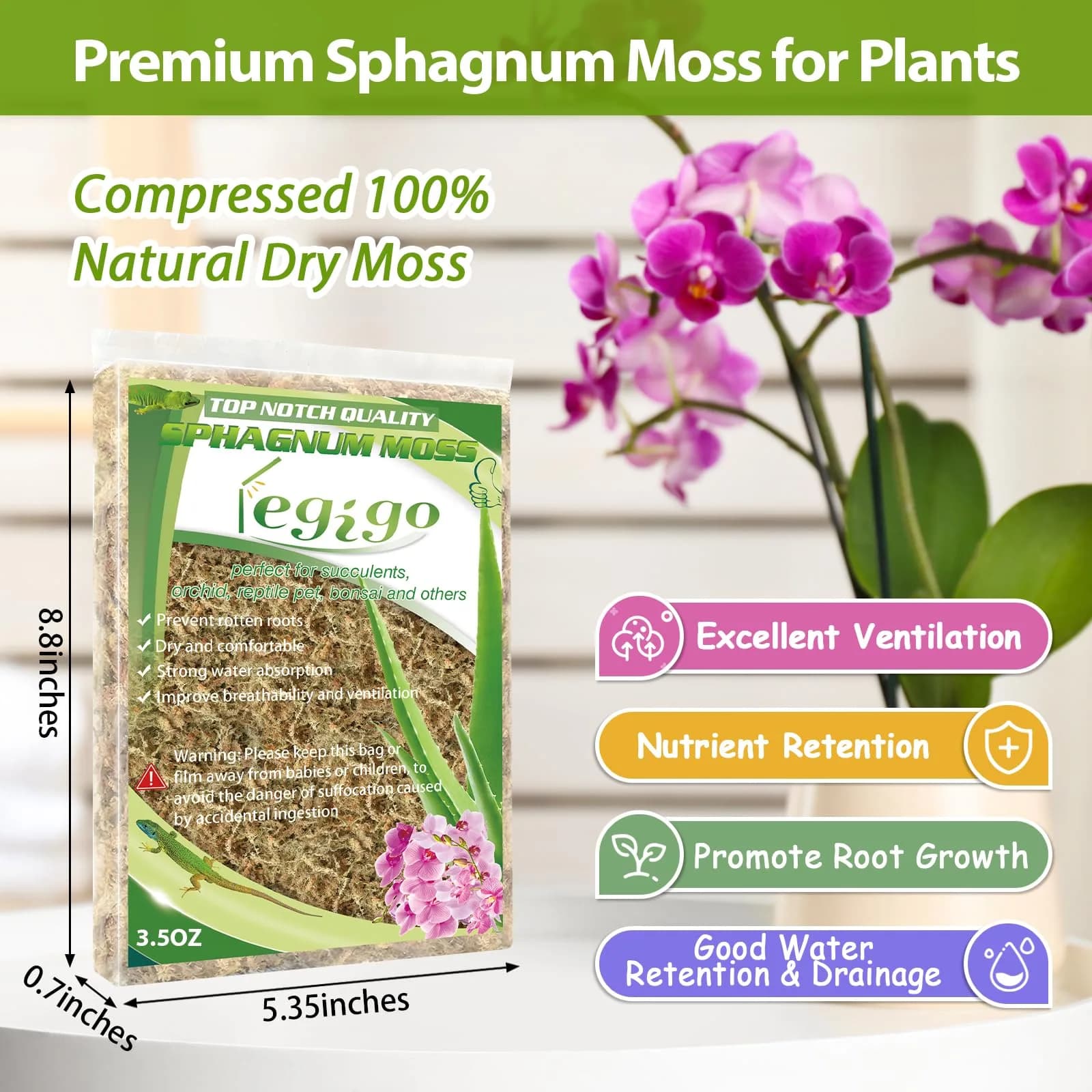 Legigo Premium Sphagnum Moss - 4 QT (3.5 oz) | Natural Long Fiber Soil for Orchids & Succulents - view 2
