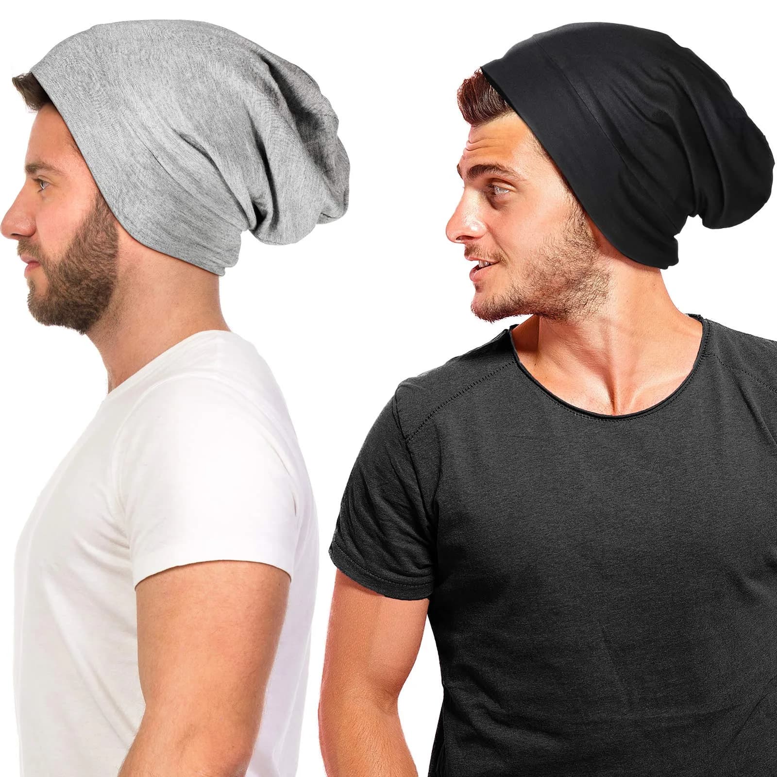 Geyoga Silk Satin Bonnet for Men | Adjustable Elastic Band for Curly Hair, 2 Pack — Black, Gray