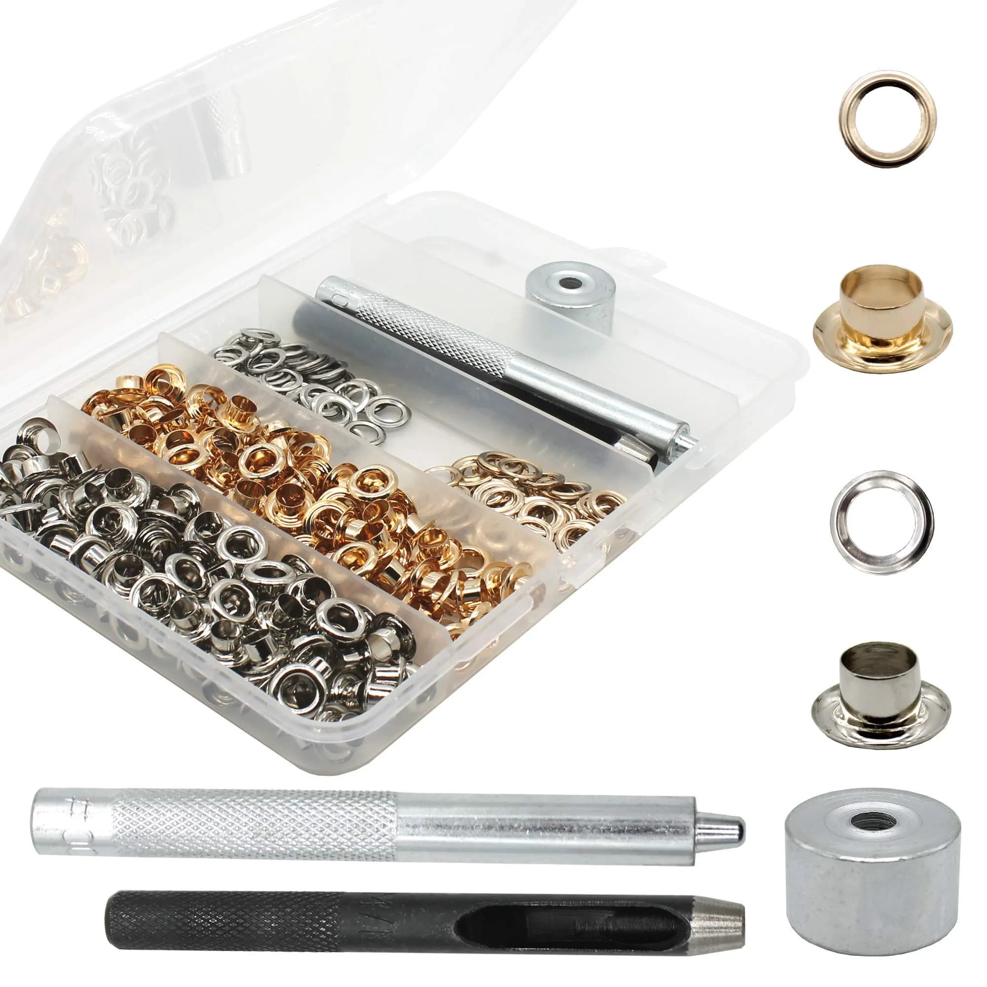 Raydodo 1/4 Inch Brass Grommet Kit with Tool | Durable DIY Fasteners for Crafts & Sewing — Silver and Gold