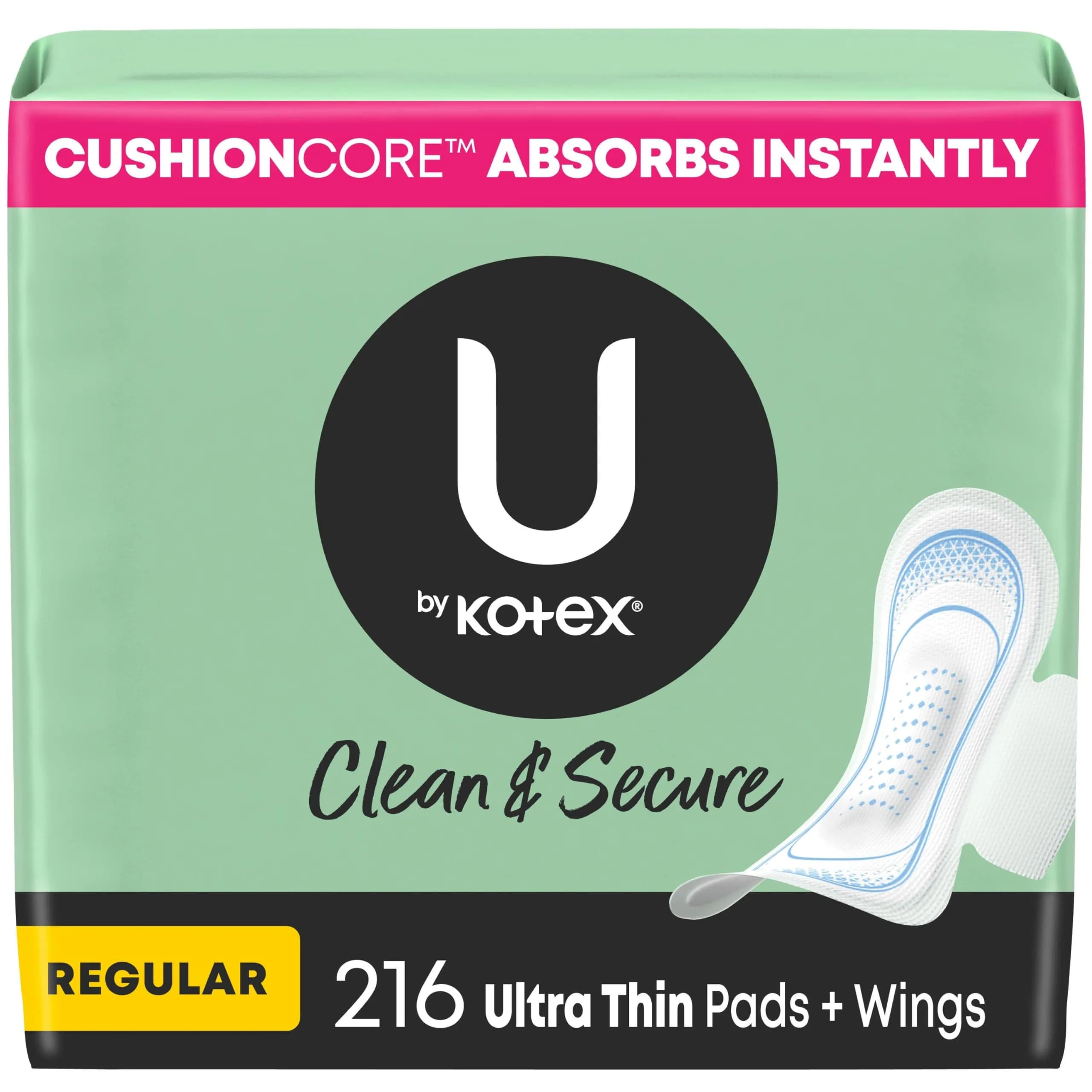 U by Kotex Clean & Secure Ultra Thin Pads with Wings, Regular Absorbency, 216 Count (6 Packs of 36) | Dermatologist Tested - main product image
