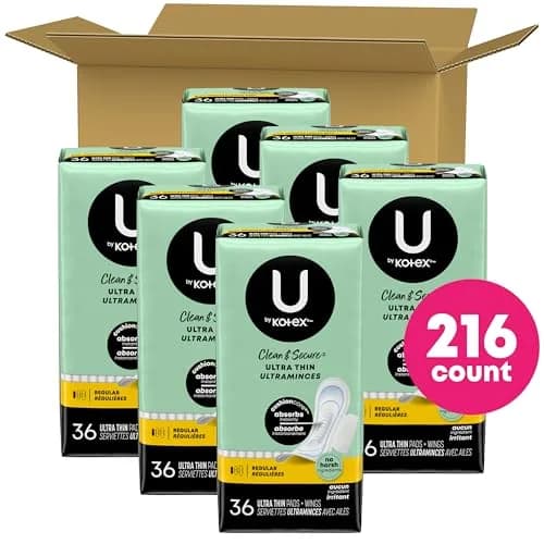 U by Kotex Clean & Secure Ultra Thin Pads with Wings, Regular Absorbency, 216 Count (6 Packs of 36) | Dermatologist Tested thumbnail 2