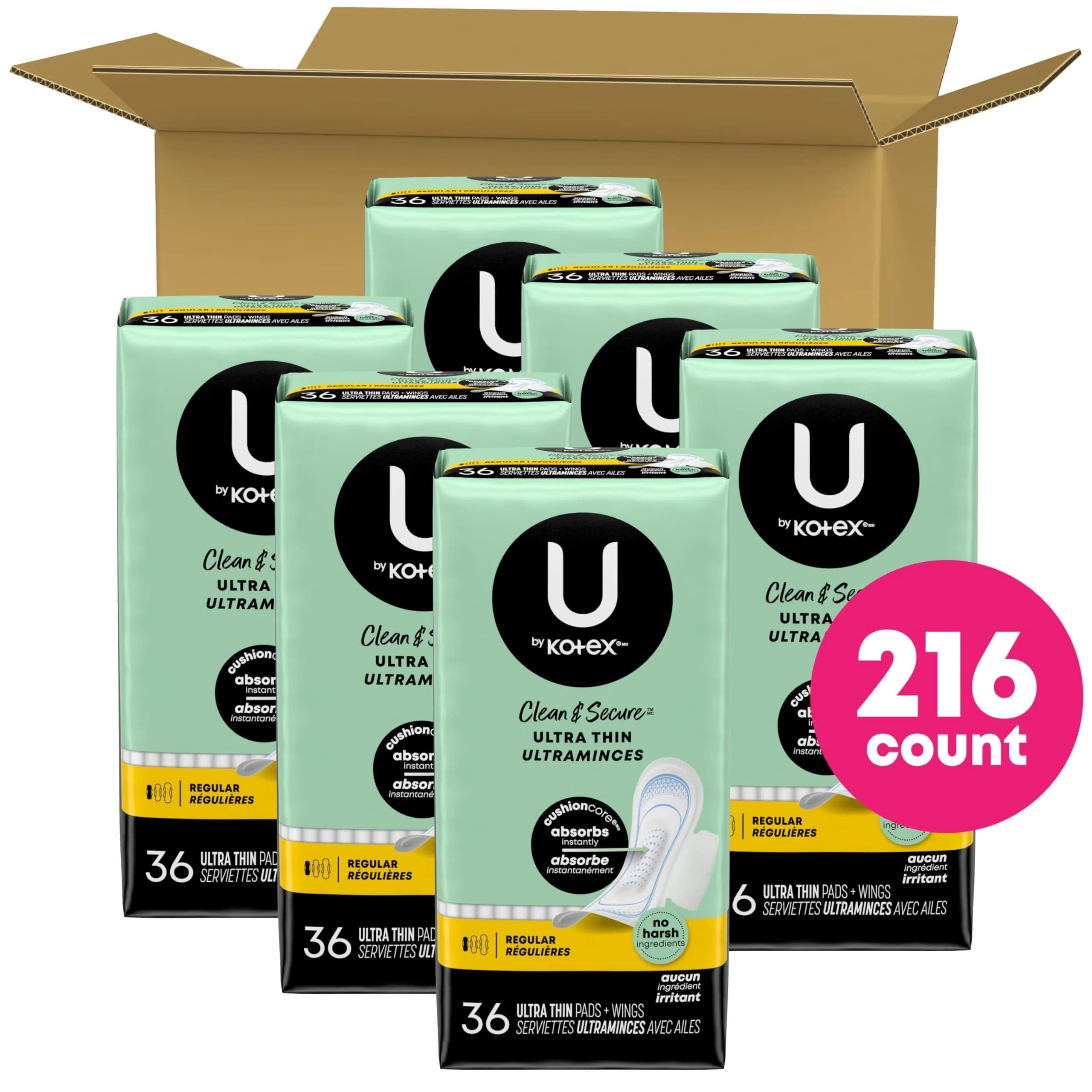 U by Kotex Clean & Secure Ultra Thin Pads with Wings, Regular Absorbency, 216 Count (6 Packs of 36) | Dermatologist Tested - view 2