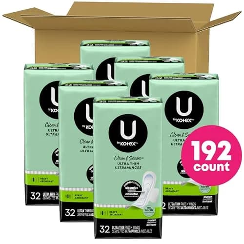 U by Kotex Clean & Secure Ultra Thin Pads with Wings, Heavy Absorbency, 192 Count (6 Packs of 32) | Dermatologist Tested thumbnail 2