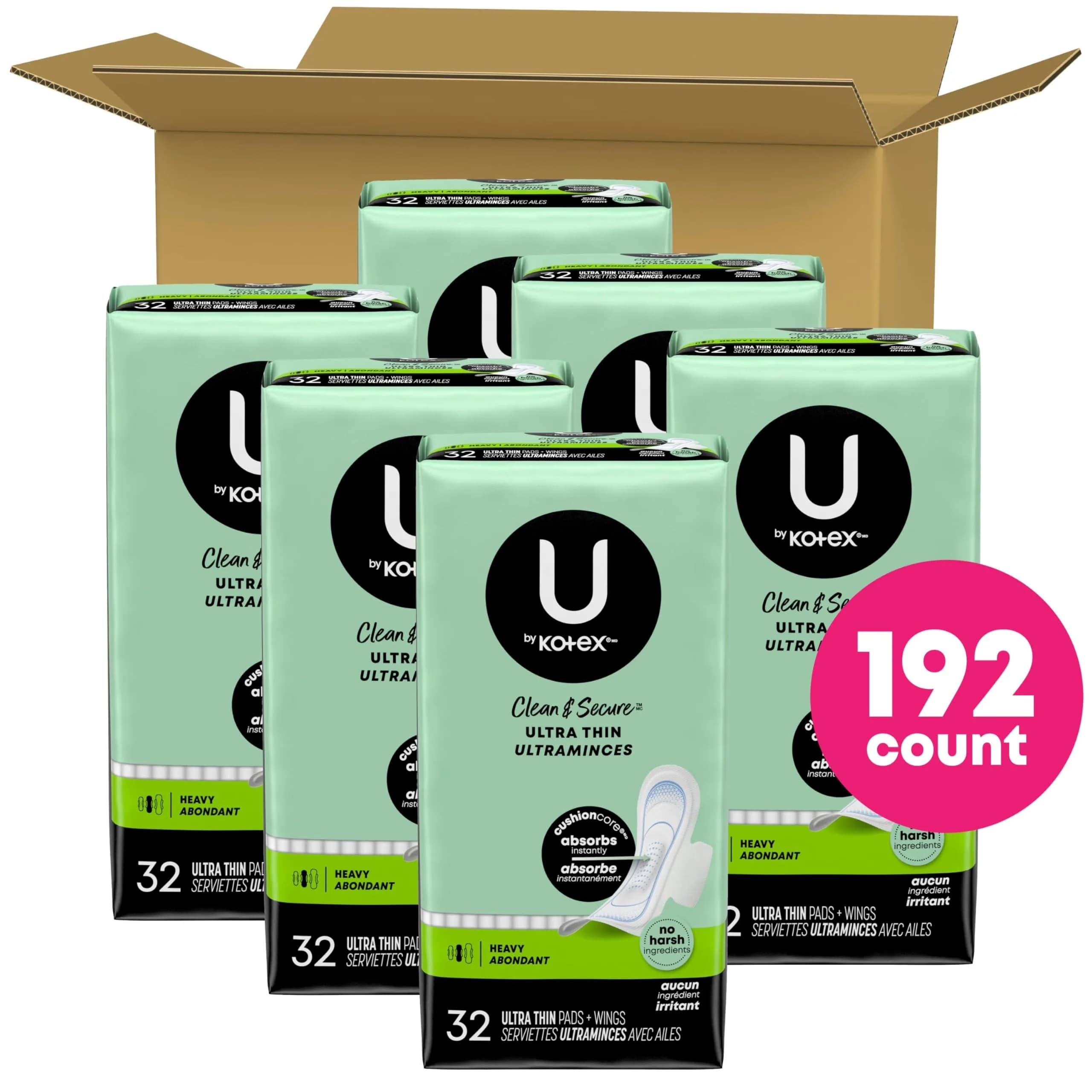 U by Kotex Clean & Secure Ultra Thin Pads with Wings, Heavy Absorbency, 192 Count (6 Packs of 32) | Dermatologist Tested - view 2
