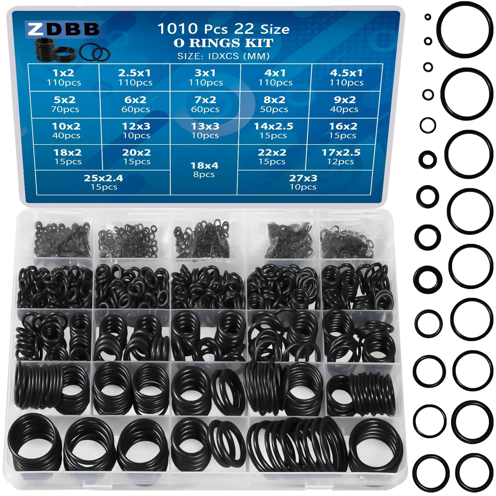 ZDBB 1010 Pcs Rubber O-Ring Assortment Kit - 22 Universal Sizes for Plumbing & Automotive Repairs - main product image