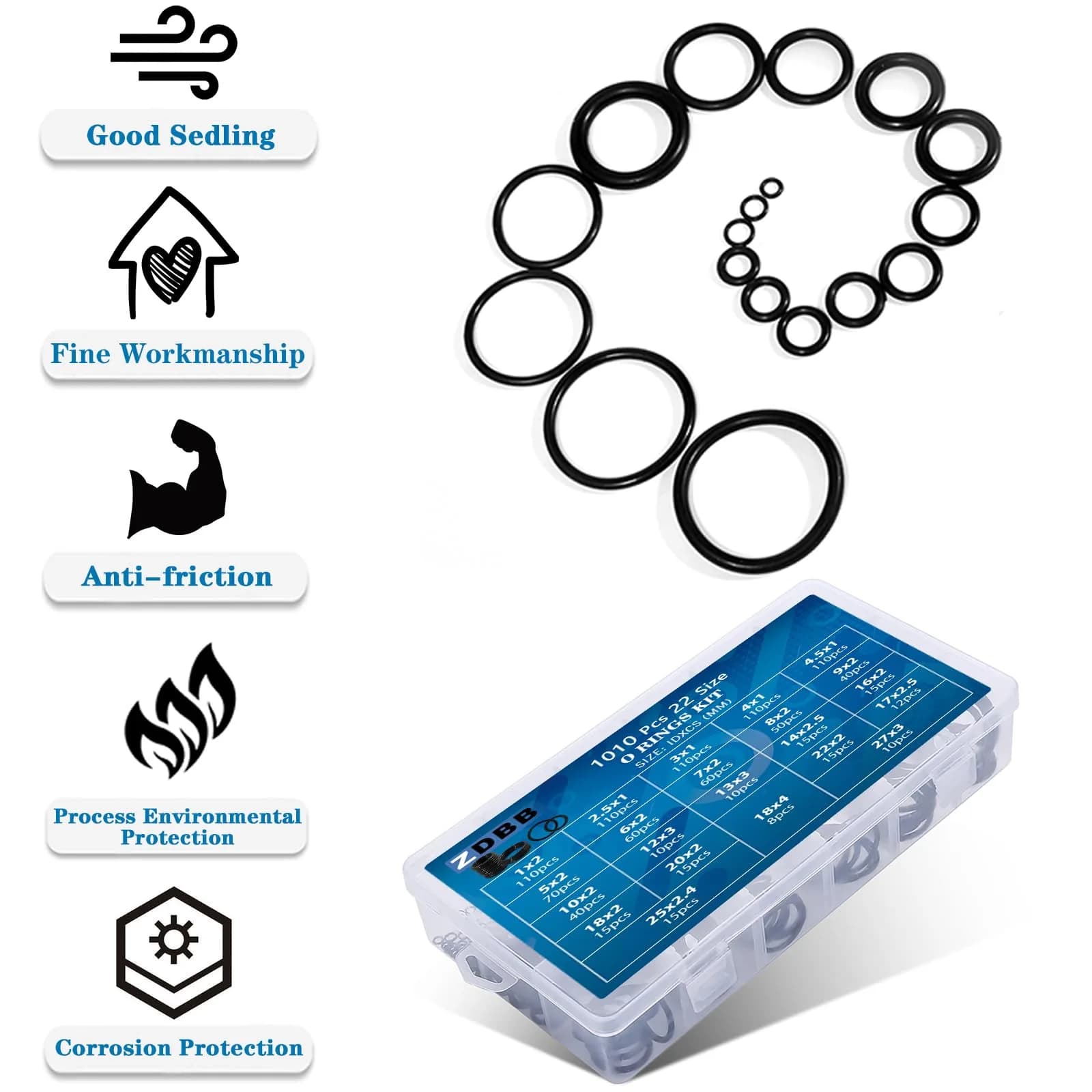 ZDBB 1010 Pcs Rubber O Ring Kit 22 Metric Sizes | Oil & Heat Resistant Nitrile Rubber Assortment - view 4