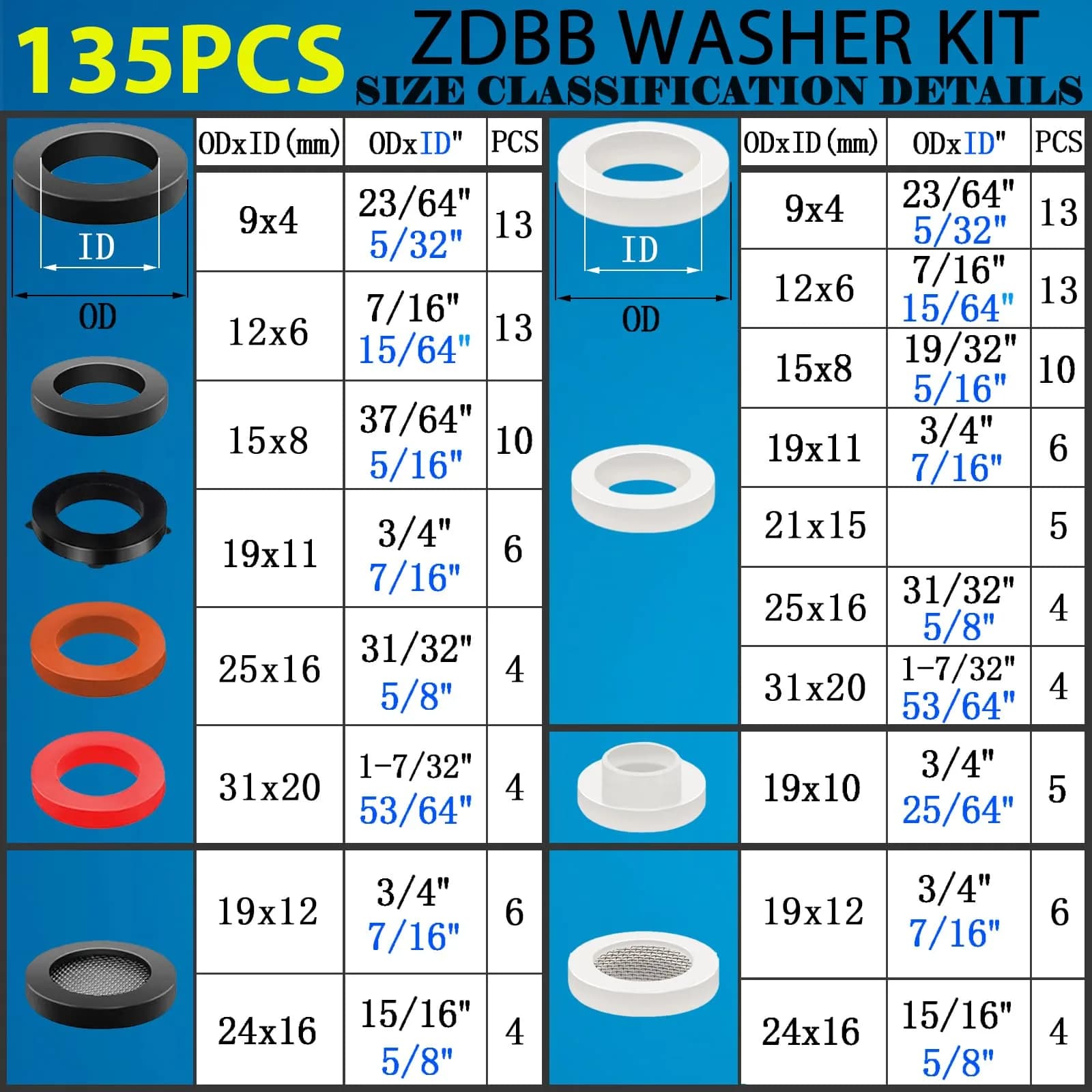 ZDBB 135 Pcs Flat Washer Assortment Kit with Silicone & Nitrile Rubber O-Rings | 2.1cm x 10.6cm x 20.7cm - view 2