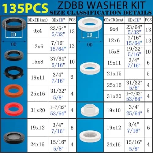 ZDBB 135 Pcs Flat Washer Assortment Kit with Silicone & Nitrile Rubber O-Rings | 2.1cm x 10.6cm x 20.7cm thumbnail 2
