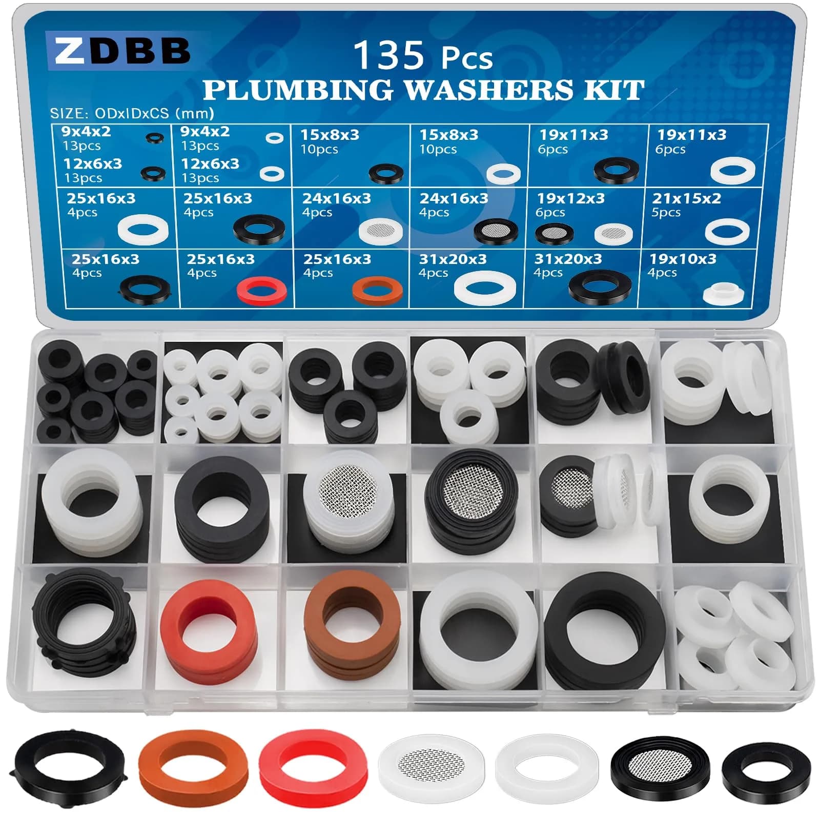ZDBB 258 Pcs Faucet Washer & Hose Gasket Kit | Assorted Sizes for Outdoor Faucet & Garden Hose Repair — Plumbing Washers 135 Pcs
