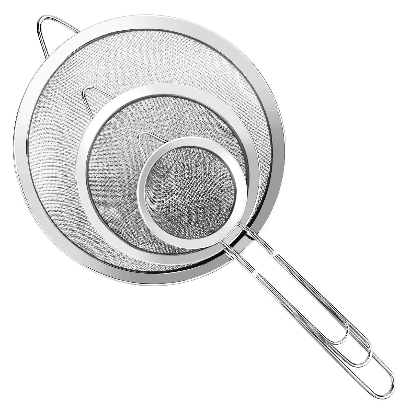 YLYL Food Strainer Set 3Pcs Stainless Steel Mesh with Handle | Fine Mesh Kitchen Sifter (20cm, 14cm, 8cm) — Silver