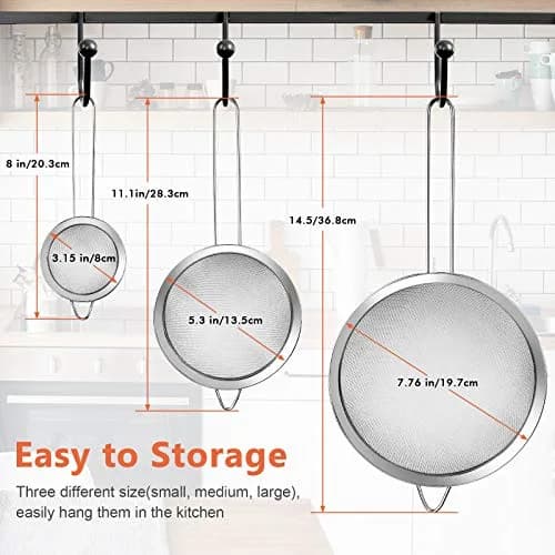 YLYL Food Strainer Set 3Pcs Stainless Steel Mesh with Handle | Fine Mesh Kitchen Sifter (20cm, 14cm, 8cm) thumbnail 2