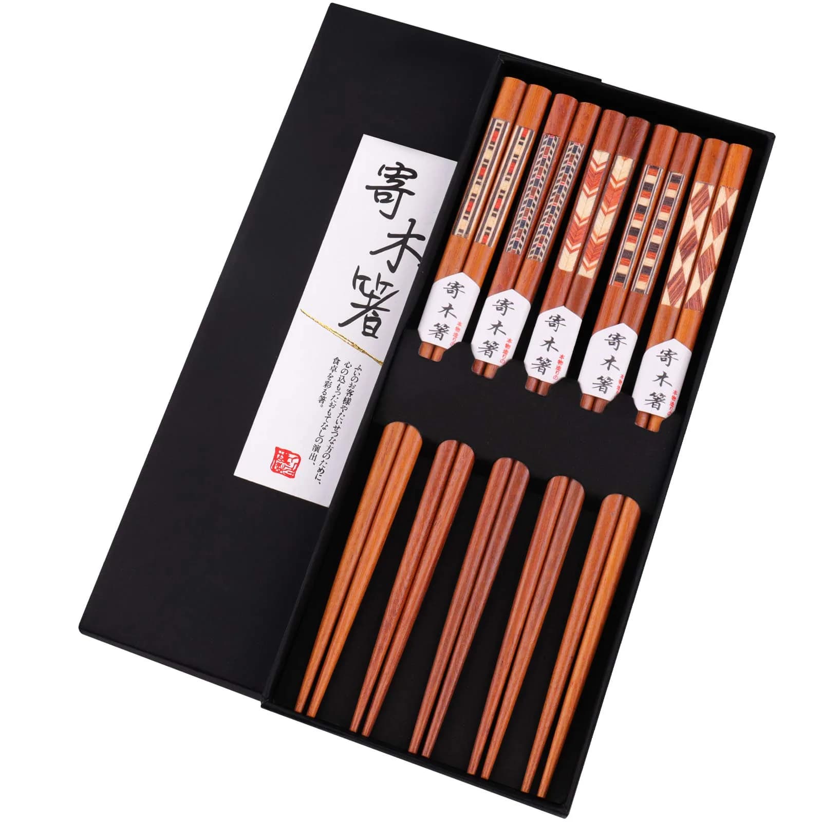 GLAMFIELDS Natural Wooden Japanese Chopsticks 22.5 cm (8.8 Inch) Gift Set | 5 Pairs for Asian Cuisine