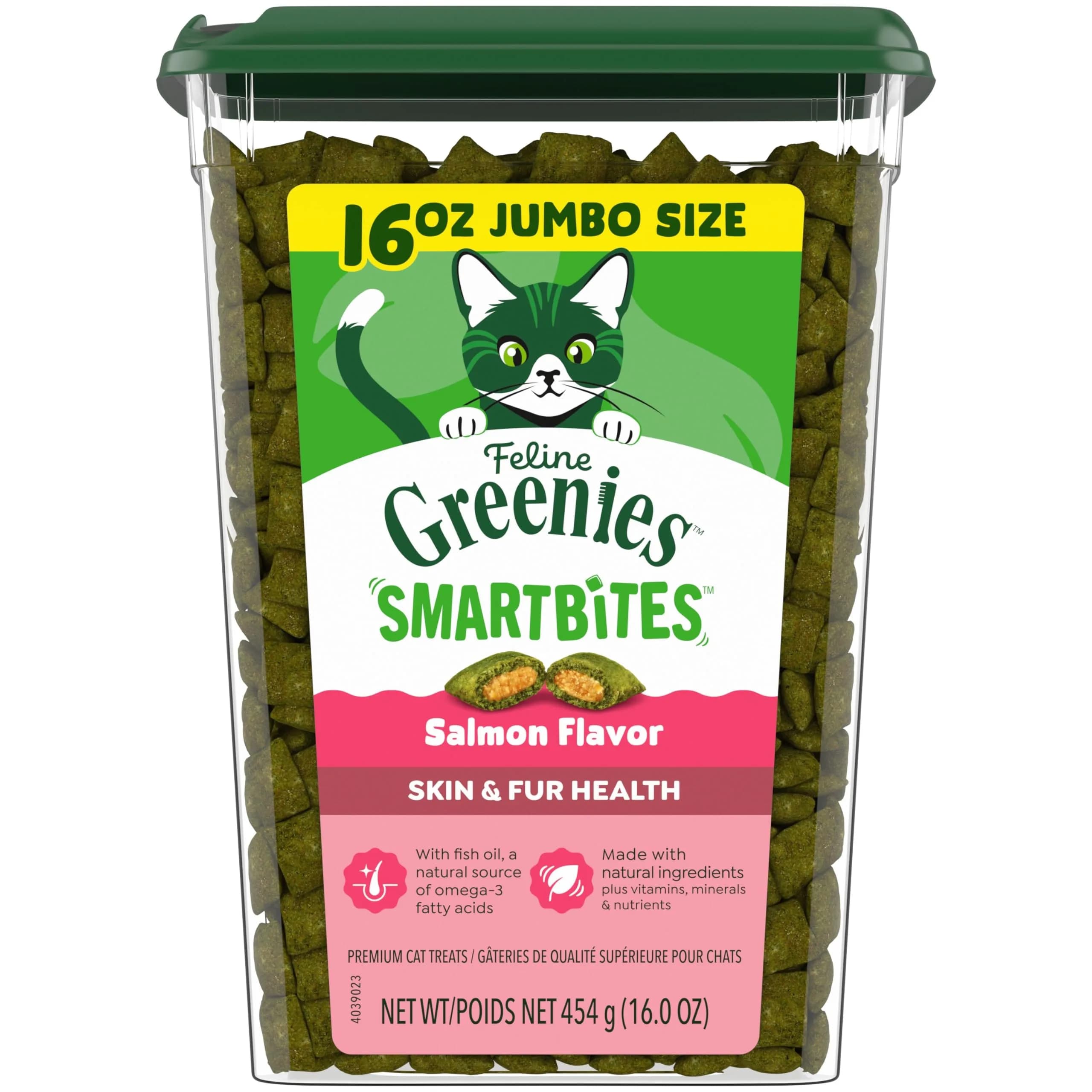 Greenies Feline Smartbites Skin & Fur Health Cat Treats, Salmon, 60g (2.1 oz) | Veterinarian-Formulated for Healthy Skin & Fur — Salmon / 1 Pound