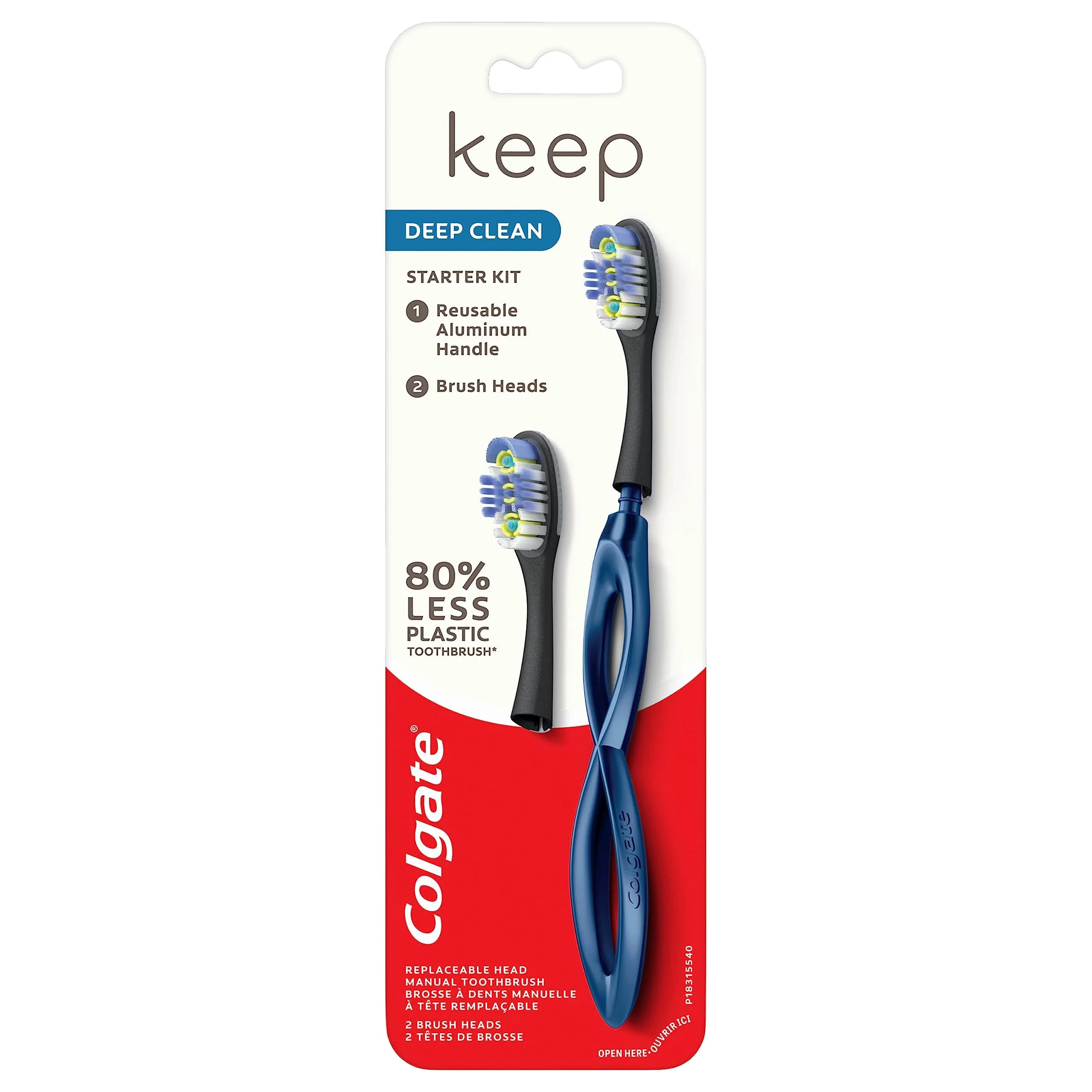 Colgate Keep Soft Manual Toothbrush with 2 Floss-Tip Brush Heads, Navy | Reusable Aluminum Handle - main product image