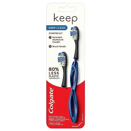 Colgate Keep Soft Manual Toothbrush with 2 Floss-Tip Brush Heads, Navy | Reusable Aluminum Handle thumbnail 1