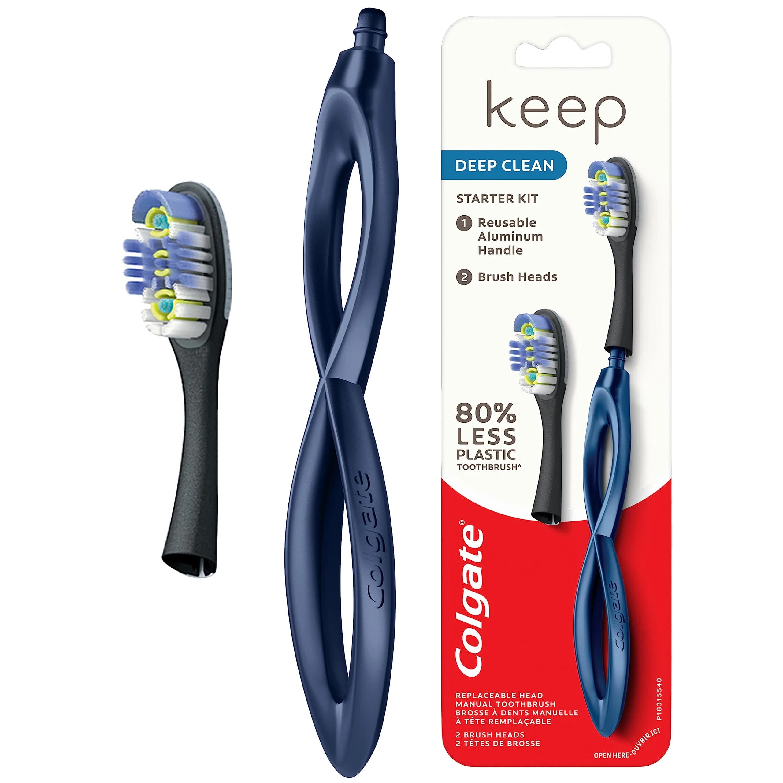 Colgate Keep Soft Manual Toothbrush with 2 Floss-Tip Brush Heads, Navy | Reusable Aluminum Handle - view 2