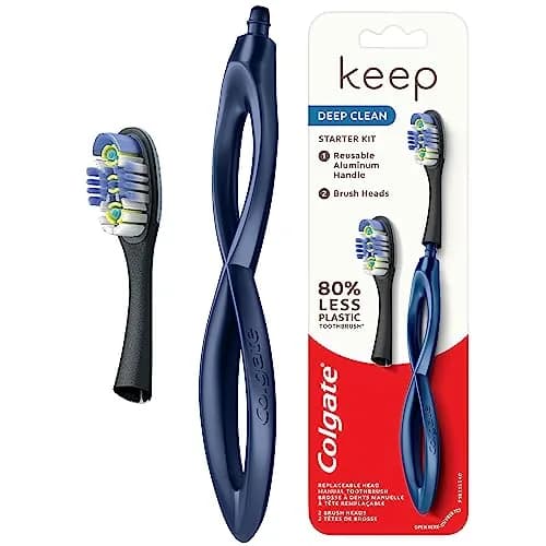 Colgate Keep Soft Manual Toothbrush with 2 Floss-Tip Brush Heads, Navy | Reusable Aluminum Handle thumbnail 2