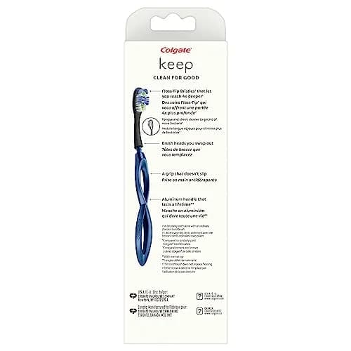 Colgate Keep Soft Manual Toothbrush with 2 Floss-Tip Brush Heads, Navy | Reusable Aluminum Handle thumbnail 3