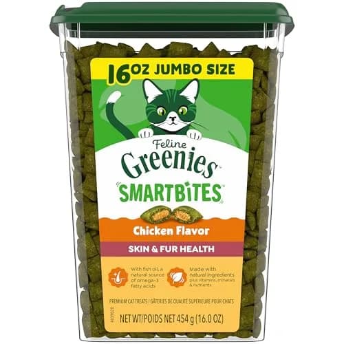 Greenies Cat Treats, Feline Smartbites, Skin & Fur Health, 16 oz. Tub | Crunchy & Soft Chicken Flavor for Healthy Skin & Fur thumbnail 1