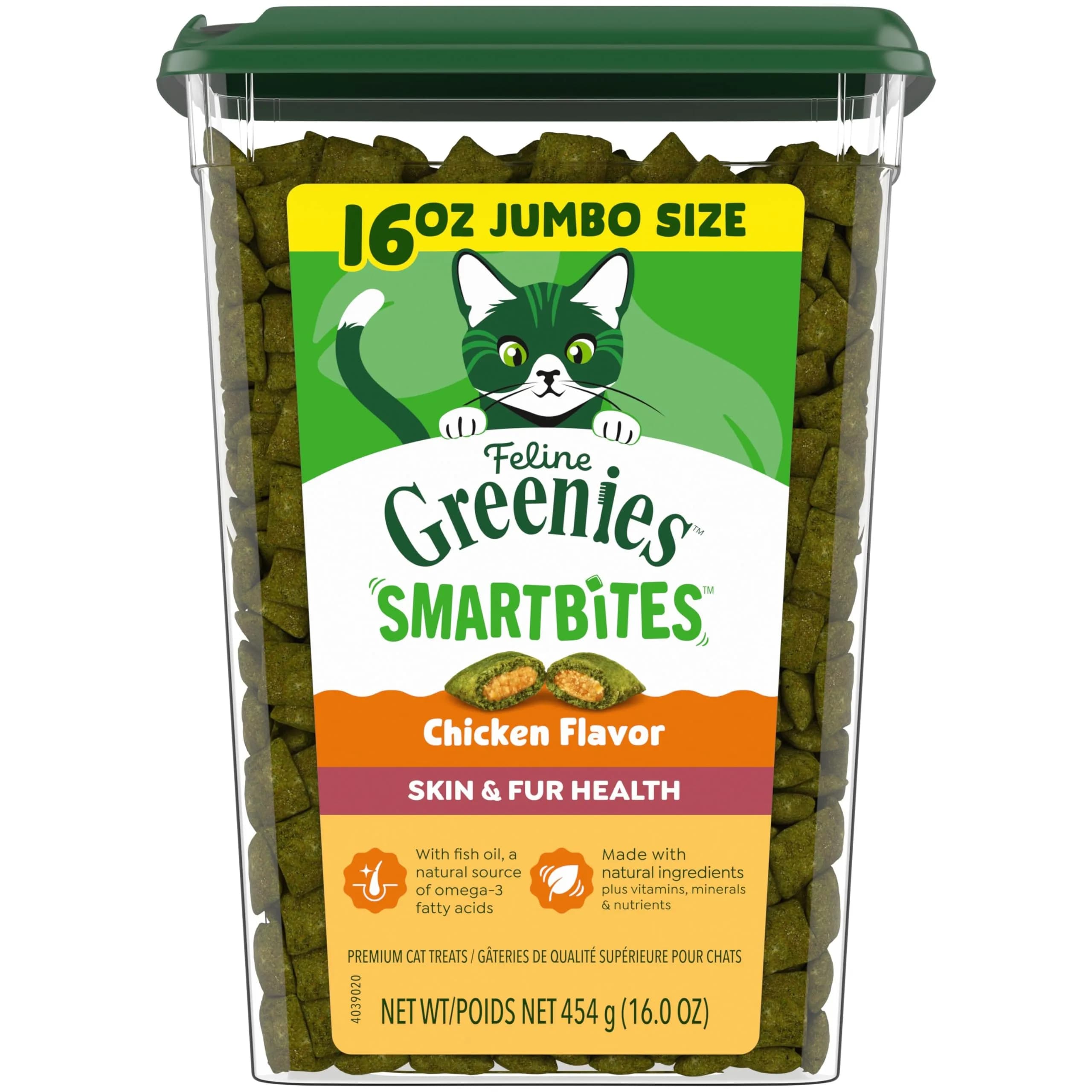Greenies Feline Smartbites Skin & Fur Health Cat Treats, Chicken Flavor, 1 Pound Tub | Vet-Formulated - main product image