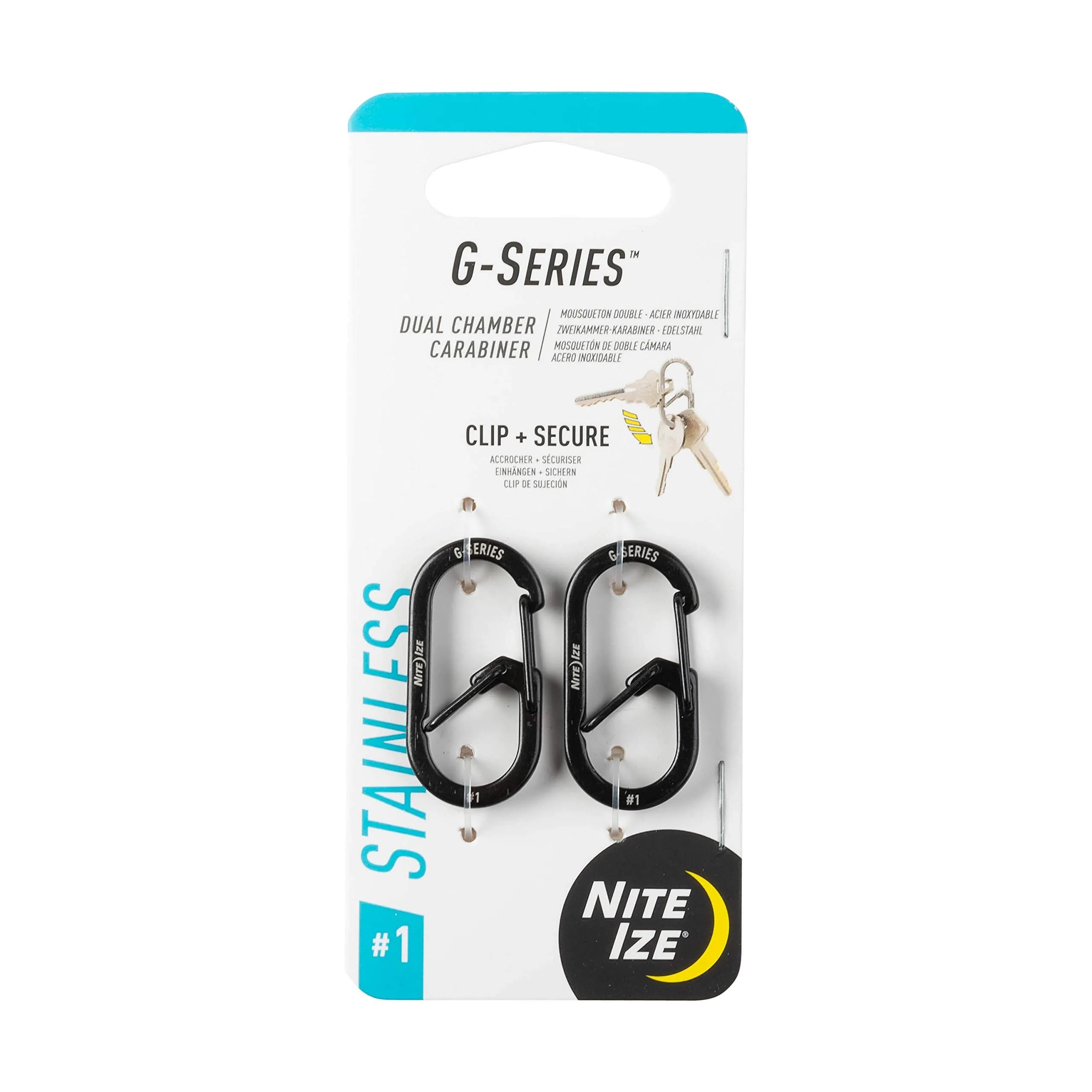 Nite IZE GS1-01-2R6 G-Series Dual Chamber Carabiner, Size #1 2-Pack, Black | Secure Stainless Steel Keychain - main product image