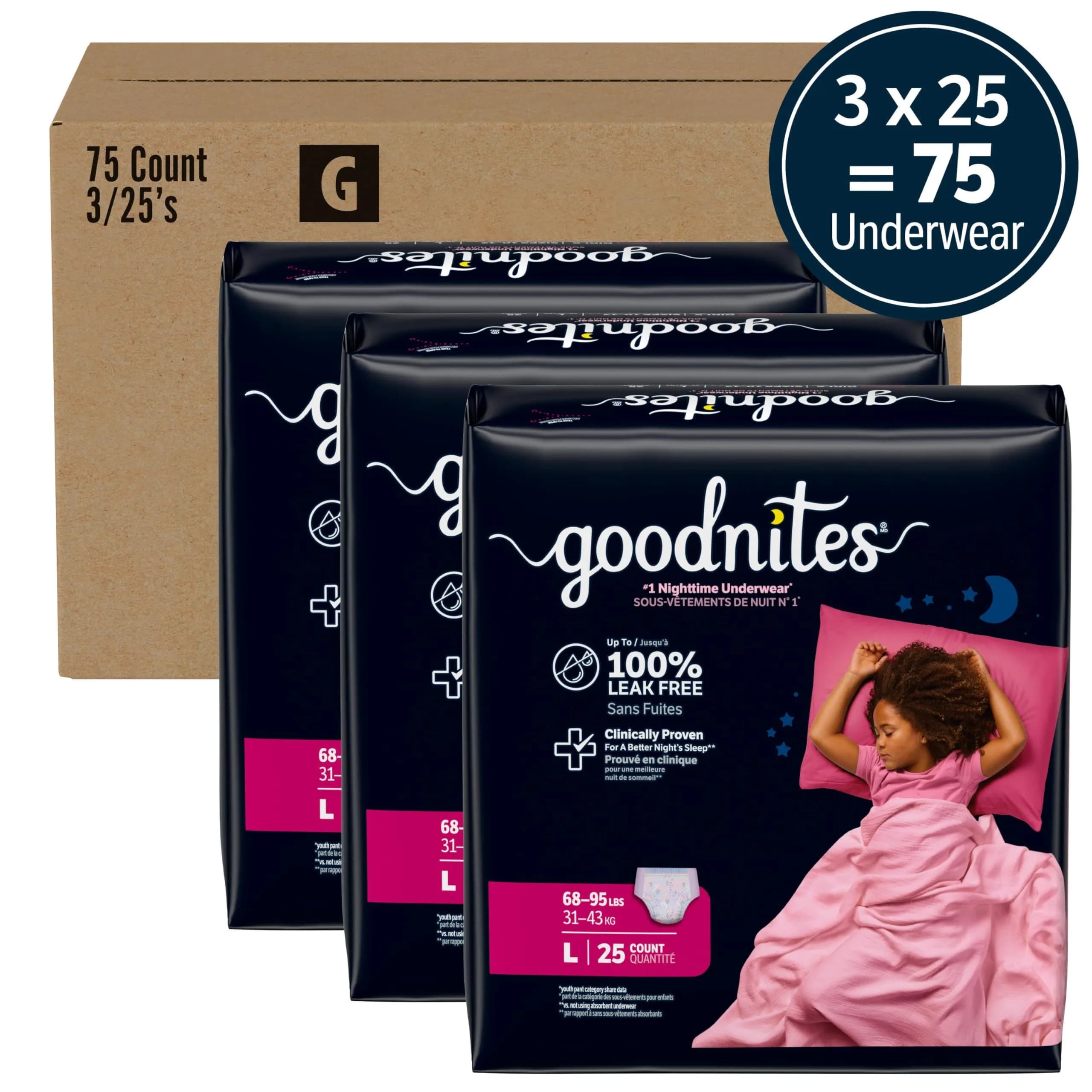 GoodNites Girls' Nighttime Bedwetting Underwear, Size Large (68-95 lbs), 75 Ct (3 Packs of 25) | Clinically Proven for Better Sleep - view 2