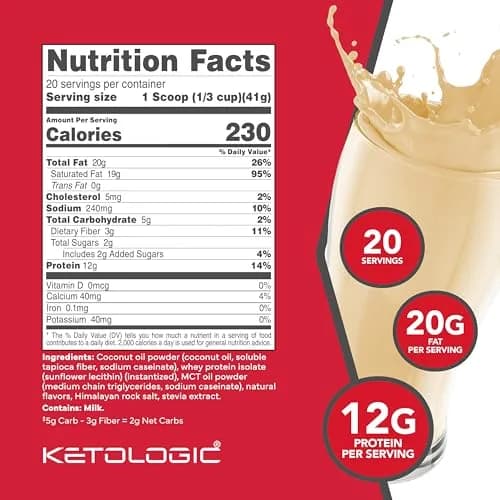 Ketologic Keto Meal Replacement Shake Powder Vanilla 29.1oz | Supports Keto & Low-Carb Diets thumbnail 2